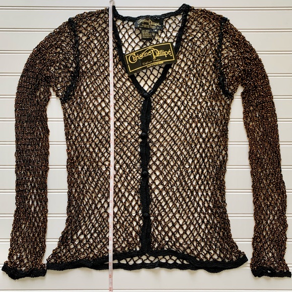 NWT Christine Phillipe Cali Couture Black & Bronze Beaded Crochet Knit Top Sz M - Picture 13 of 13